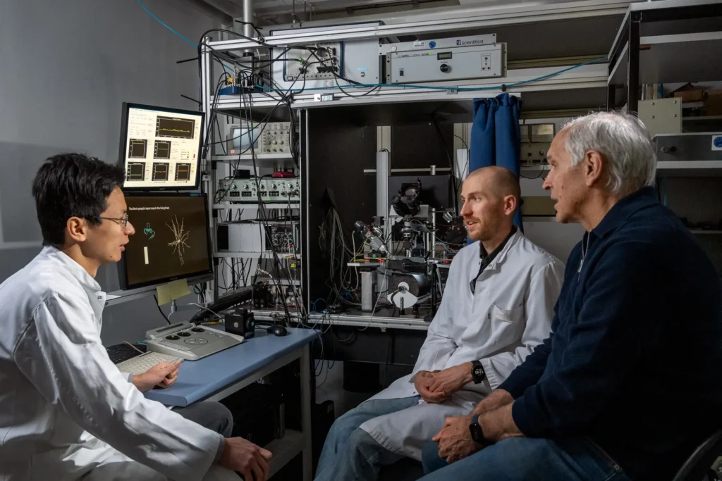 Изследователският екип около проф. Артър Конерт (вдясно), д-р Ян Чен (вляво) и докторанта Маринус Клоос от Института по неврология към Медицинския факултет на TUM. Astrid Eckert / TUM